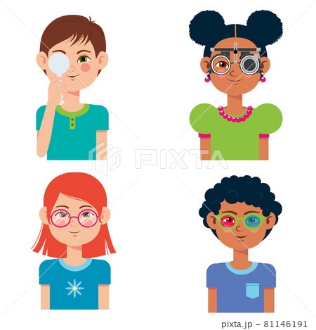 Children vision checkup in ophthalmological clinic. Optometrist checking kid eyesight with spectacles medical equipment. Glasses lens selection. Children vision checkup in ophthalmological clinic. Optometrist checking kid eyesight with spectacles medical equipment. Glasses lens selection. 81146191