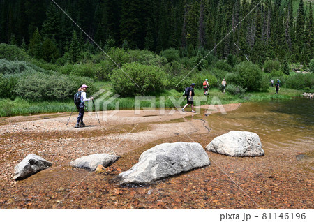 Hikers in shallow water on Hassell Lake Trail in Arapaho Nat'l Forest, Colorado. 81146196