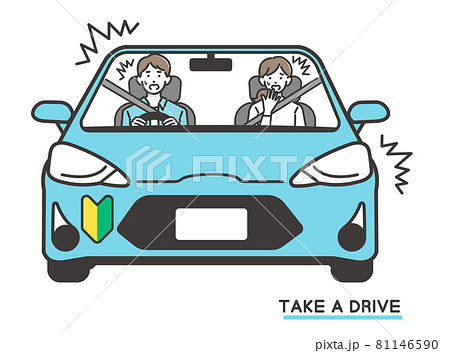 初心者マークを付けた 男女のカップル 夫婦 がドライブでビックリするベクターイラスト素材 車 旅行 のイラスト素材
