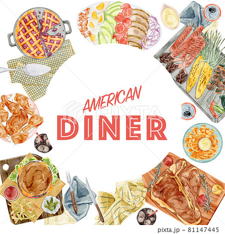 アメリカンな食事の手描き水彩風イラストのイラスト素材