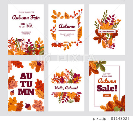 Autumn foliage posters. Fall discount and special offer banners with red or yellow leaves. Maple or oak plants. Sale flyers design template with lettering. Vector coupon ticket set Autumn foliage posters. Fall discount and special offer banners with red or yellow leaves. Maple or oak plants. Sale flyers design template with lettering. Vector coupon ticket set 81148022