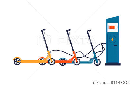 Electric scooter. Cartoon small light vehicle charging on electrical station. Motorbike sharing service. Electrical battery charger and personal mobile transport. Vector illustration Electric scooter. Cartoon small light vehicle charging on electrical station. Motorbike sharing service. Electrical battery charger and personal mobile transport. Vector illustration 81148032