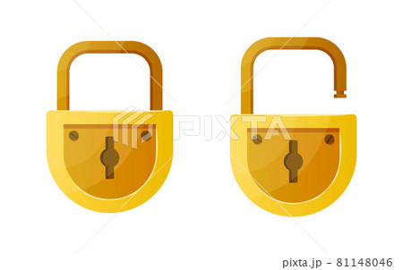 Open and closed lock. Cartoon data encryption and home security symbol. Golden padlock shape design with interlock elements and keyholes. Door protection mechanism. Vector illustration Open and closed lock. Cartoon data encryption and home security symbol. Golden padlock shape design with interlock elements and keyholes. Door protection mechanism. Vector illustration 81148046