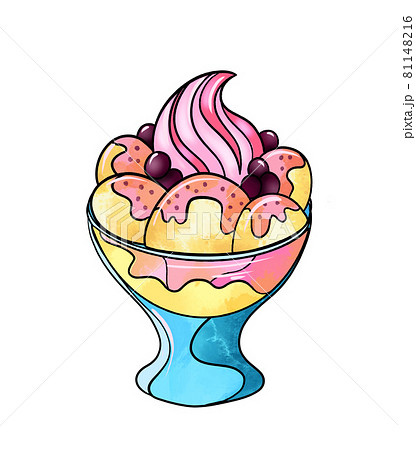 Illustration of a colored drawing of sweets: yellow pink dessert ice cream in balls and decorated Illustration of a colored drawing of sweets: yellow pink dessert ice cream in balls and decorated 81148216