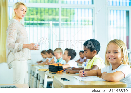 School girl working at lesson in classroom School girl working at lesson in classroom 81148350