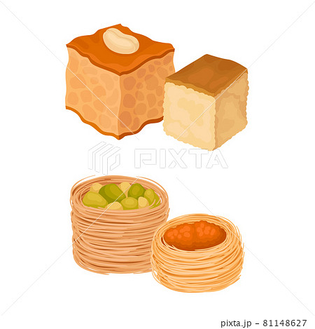 Oriental sweets set. East cuisine desserts, basbousa and birds nest cartoon vector illustration 81148627