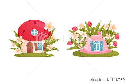 Cute fabulous cottages among summer flowers and grass in shape of mushroom and teapot cartoon vector illustration 81148729