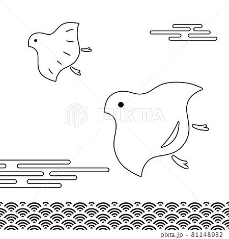 千鳥と青海波 和柄 白地に線画のベクターイラスト 日本の新年の縁起物 年賀状に最適 のイラスト素材