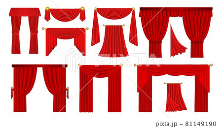 Realistic red drapery. Theater stage and opera scene velvet fabric curtains. Movie cinema hall scarlet wavy cloth. Luxury window decorations set. Vector flowing textile drape template 81149190