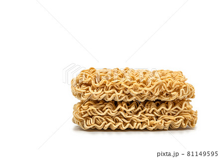 Stack of two instant noodles, side view, close-up image, isolated Instant noodles on white background. 81149595