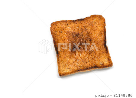 Slice of burned toasted bread, isolated burned toasted bread on white background, close-up image. 81149596