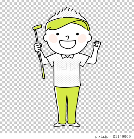 ゴルフのイラスト。パターを持って喜んでいる若い男性。 81149909
