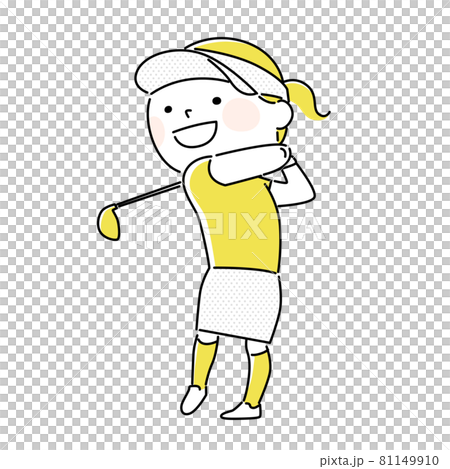 ゴルフのイラスト。ゴルフクラブでスイングしてる若い女性。 81149910