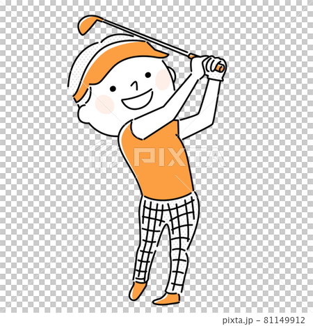 ゴルフのイラスト。ゴルフクラブでスイングしてる若い男性。 81149912