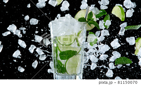 Super Slow Motion of exploding crushed ice towards mojito cocktail. 81150070