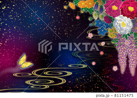 和風の花と蝶と流水文様の背景素材. 和風の花と蝶と流水文様の背景素材. 81151475