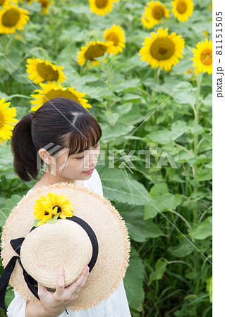 ひまわり畑で帽子を持った女性ポートレートの写真素材 [81151505] - PIXTA