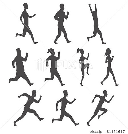Set of sport movements people silhouette. Active fitness, run, exercise and athletic man and woman variety size. Vector flat side view design in black color 81151617