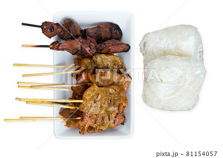 Thai style BBQ pork with sticky rice on white background. Thai style BBQ pork with sticky rice on white background. 81154057