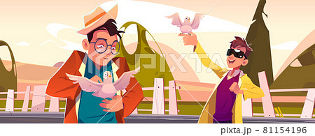 Men hold in hand white doves in countryside Men hold in hand white doves in countryside 81154196