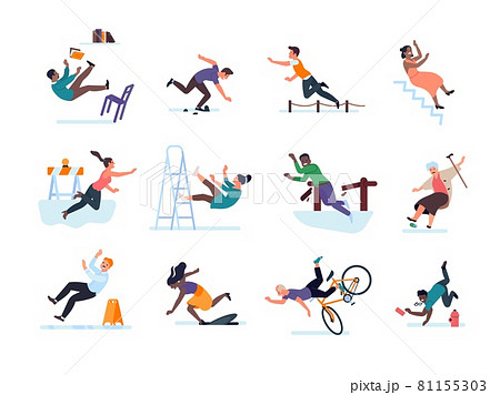 Accidently falling people. Vector set of obstacles on way, emergency traumatic situations, loss of balance and bruises, men and women stumble 81155303