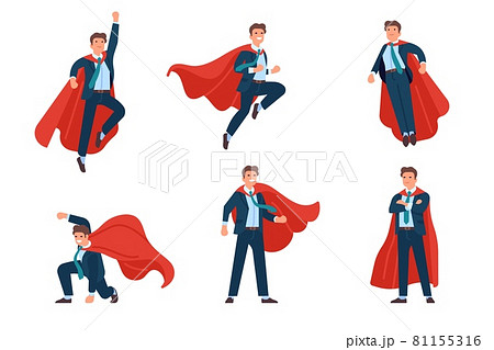 Super businessman poses. Professional superhero office manager character in costume and fluttering cape, vector set of spectacular power poses 81155316