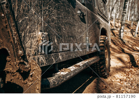 Dirty off road car on trip in forest Dirty off road car on trip in forest 81157190