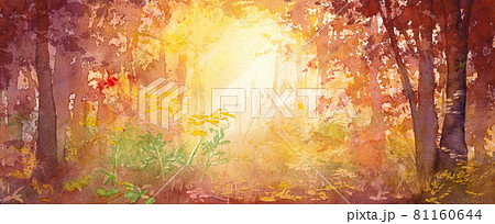 秋の森の中の風景 木漏れ日の水彩イラスト バナー背景 のイラスト素材