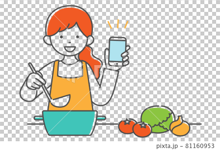 料理しながらスマホの画面を見せる主婦のイラストのイラスト素材