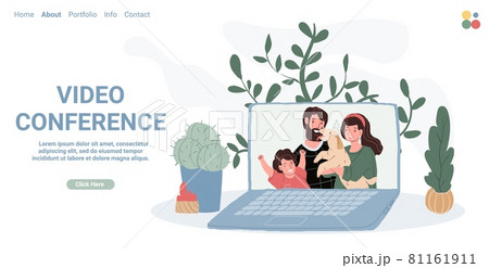 Cartoon flat happy family characters on screen in video conference communication,vector landing page social concept Cartoon flat happy family characters on screen in video conference communication,vector landing page social concept 81161911