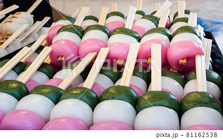 Kushi dango or sanshoku dango Japanese traditionally sweet dish. Kushi dango or sanshoku dango Japanese traditionally sweet dish. 81162538