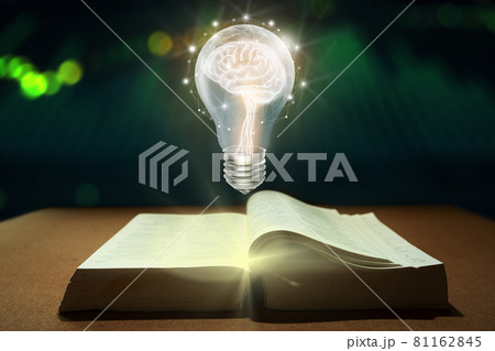 Brain inside the light bulb floating on the book. Wisdom, Knowledge, Inspiration, Creative thinking Concept. 81162845