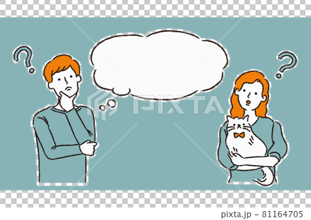 猫を抱えて疑問を持つ男性と女性（シンプル） 81164705