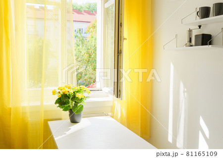 Modern kitchen interior with large window and yellow curtains Modern kitchen interior with large window and yellow curtains 81165109
