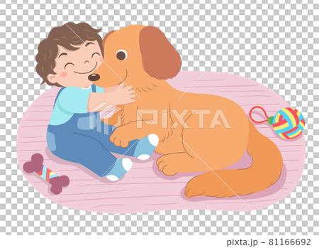 Boy holding dog and sitting on the ground very happy with dog toy next to him 81166692