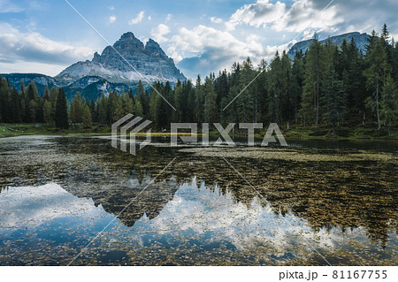 Aerial view of Lago Antorno Lake,Tre Cime di Lavaredo mountain in background, Dolomites, Italy Aerial view of Lago Antorno Lake,Tre Cime di Lavaredo mountain in background, Dolomites, Italy 81167755