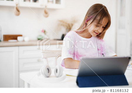 Homeschooled little young girl student having online class using digital tablet Homeschooled little young girl student having online class using digital tablet 81168132