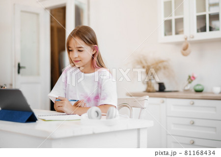Homeschooled little young girl student having online class using digital tablet 81168434