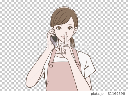 A woman in an apron holding a smartphone and putting her index finger on her mouth 81169896