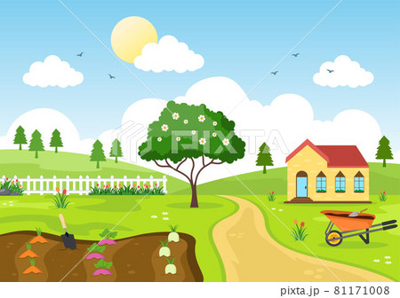 Farm Gardener Background Vector Illustration With A Landscape Of Gardens, Flowers, Vegetables Planted, Wheelbarrow, Shovel And Equipment in Flat Design Style 81171008