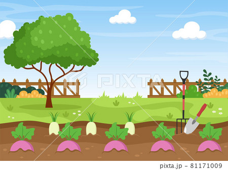 Farm Gardener Background Vector Illustration With A Landscape Of Gardens, Flowers, Vegetables Planted, Wheelbarrow, Shovel And Equipment in Flat Design Style Farm Gardener Background Vector Illustration With A Landscape Of Gardens, Flowers, Vegetables Planted, Wheelbarrow, Shovel And Equipment in Flat Design Style 81171009