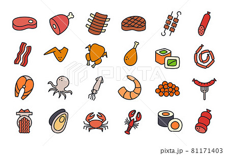 Meat products fish poultry seafood icons. Isolated linear color icon. Vector illustrations. Food ingredients. Steak ham gammon skewers bacon chicken wings fish sausages grilled sausage shrimp sushi Meat products fish poultry seafood icons. Isolated linear color icon. Vector illustrations. Food ingredients. Steak ham gammon skewers bacon chicken wings fish sausages grilled sausage shrimp sushi 81171403