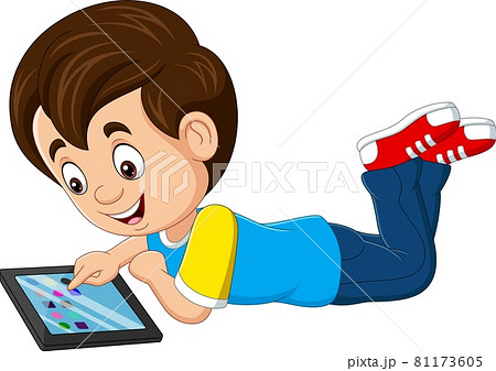 Cartoon happy little boy using tablet Cartoon happy little boy using tablet 81173605