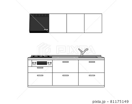 Line drawing of kitchen furniture with range hood isolated black and white  Stock Illustration | Adobe Stock