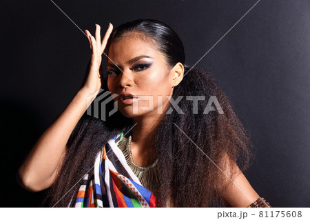 Close Up half body of 20s Asian two Woman with Fashion make up African hill Tribe style 81175608