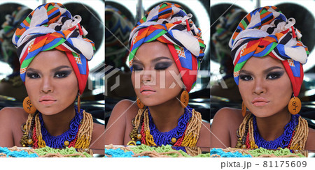 Close Up half body of 20s Asian two Woman with Fashion make up African hill Tribe style Close Up half body of 20s Asian two Woman with Fashion make up African hill Tribe style 81175609