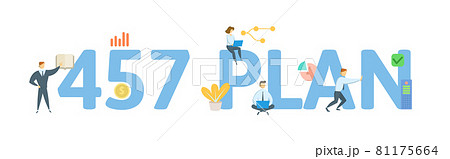 457 Plan, a type of nonqualified tax advantaged deferred-compensation retirement plan. Concept with keywords, people and icons. Flat vector illustration. Isolated on white. 81175664