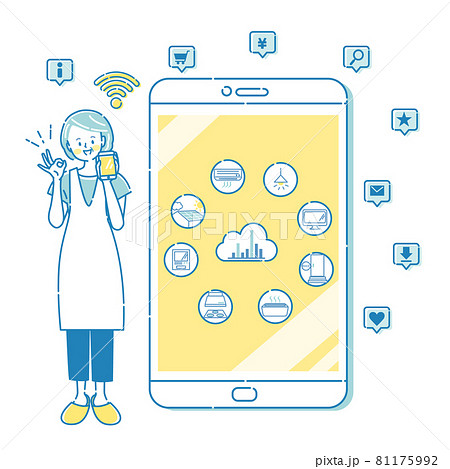 スマホで電気代をチェックする中年女性のイラスト素材