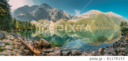 Tatra National Park, Poland. Panorama Famous Mountains Lake Morskie Oko Or Sea Eye Lake In Summer Morning. Five Lakes Valley. Beautiful Scenic View. European Nature 81176155