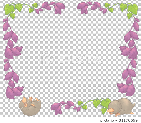 秋の葉っぱ付きさつまいもとモグラさん達のフレーム 紫色verのイラスト素材